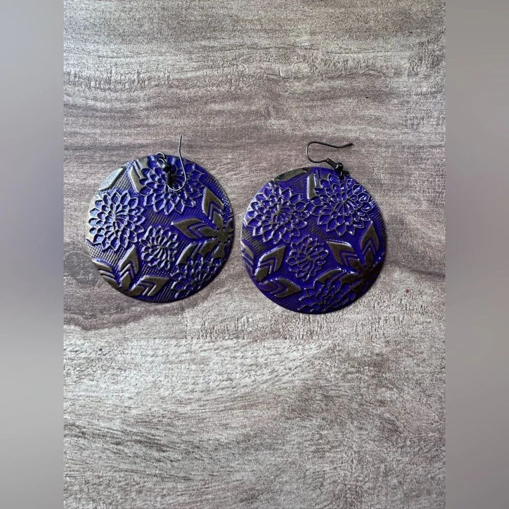Floral Boho Dangle Disk Earrings Bronze Tone & Purple Festival Hippie Casual